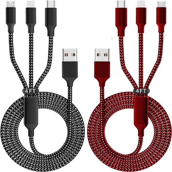 3-in-1 Fast Charging Cable, Combines Micro USB, Type-C, and Lightning, Black Red