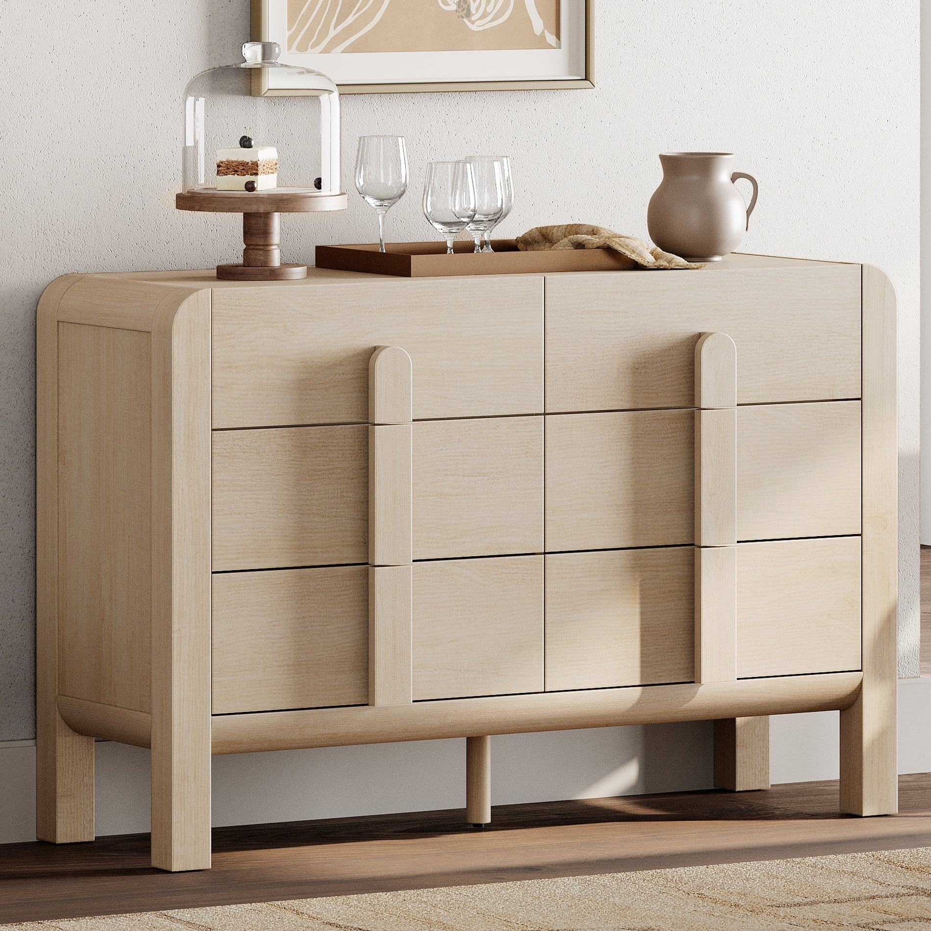 Modern 6 Drawer Dresser TV Stand for 55 Inch TV, Entertainment Center with Curved Profile Design, Wood TV Console with Storage for Living Room