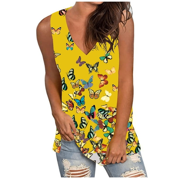 Blusa sin mangas con cuello en V y estampado de mariposas informal a la moda para mujer Pompotops lopia996795