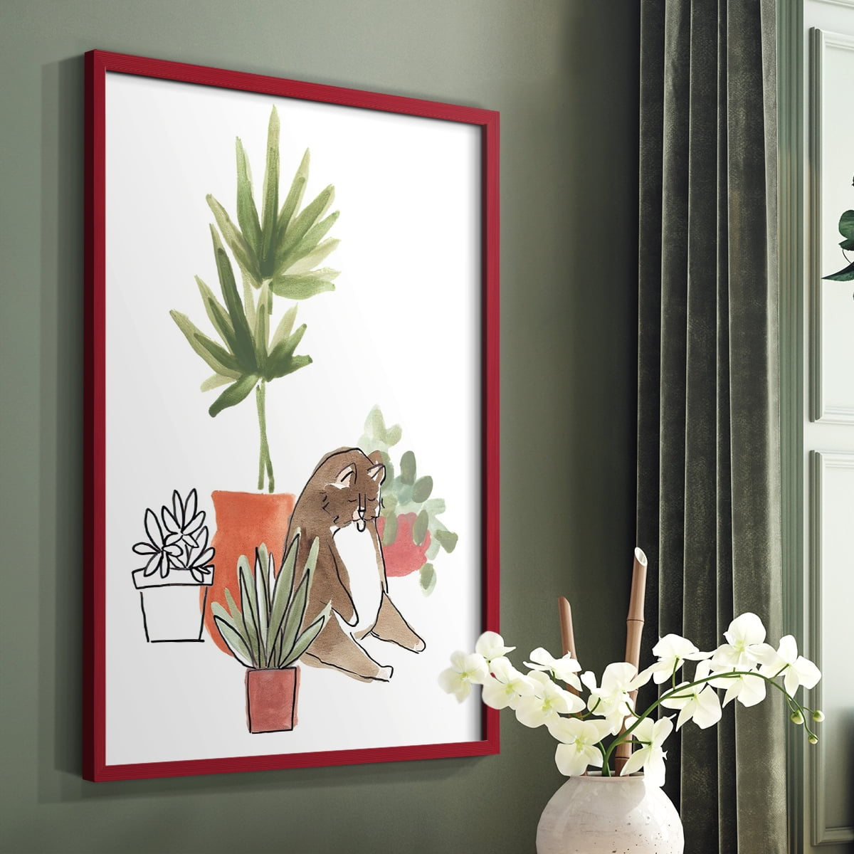 Purrfect Plants II Framed Print in Red Solid Wood Framed Print No Nail Hanging