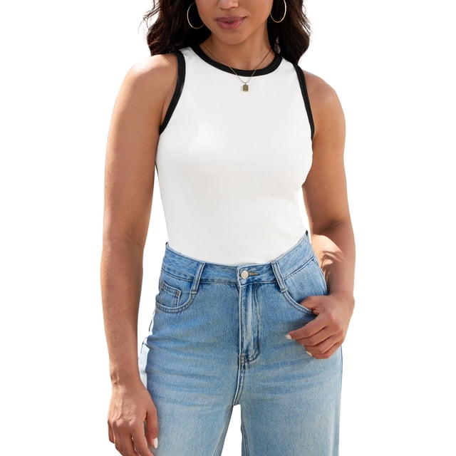 ATHLECHIC Camisetas Casual Sin Mangas de Verano para Mujeres con Cuello Redondo y Bloque de Color M Blanco Negro