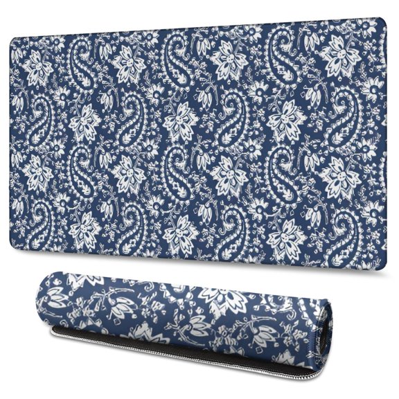 Long Mouse Pads for Desk,Blue Pioneer Flower and Paisley Pattern Desk Mats on Top Of Desks, Desk Mouse Pad Extra Large with 3mm Non-Slip Base and Stitched Edge for Gaming,Office,Work,Home 47.3"x23.6"