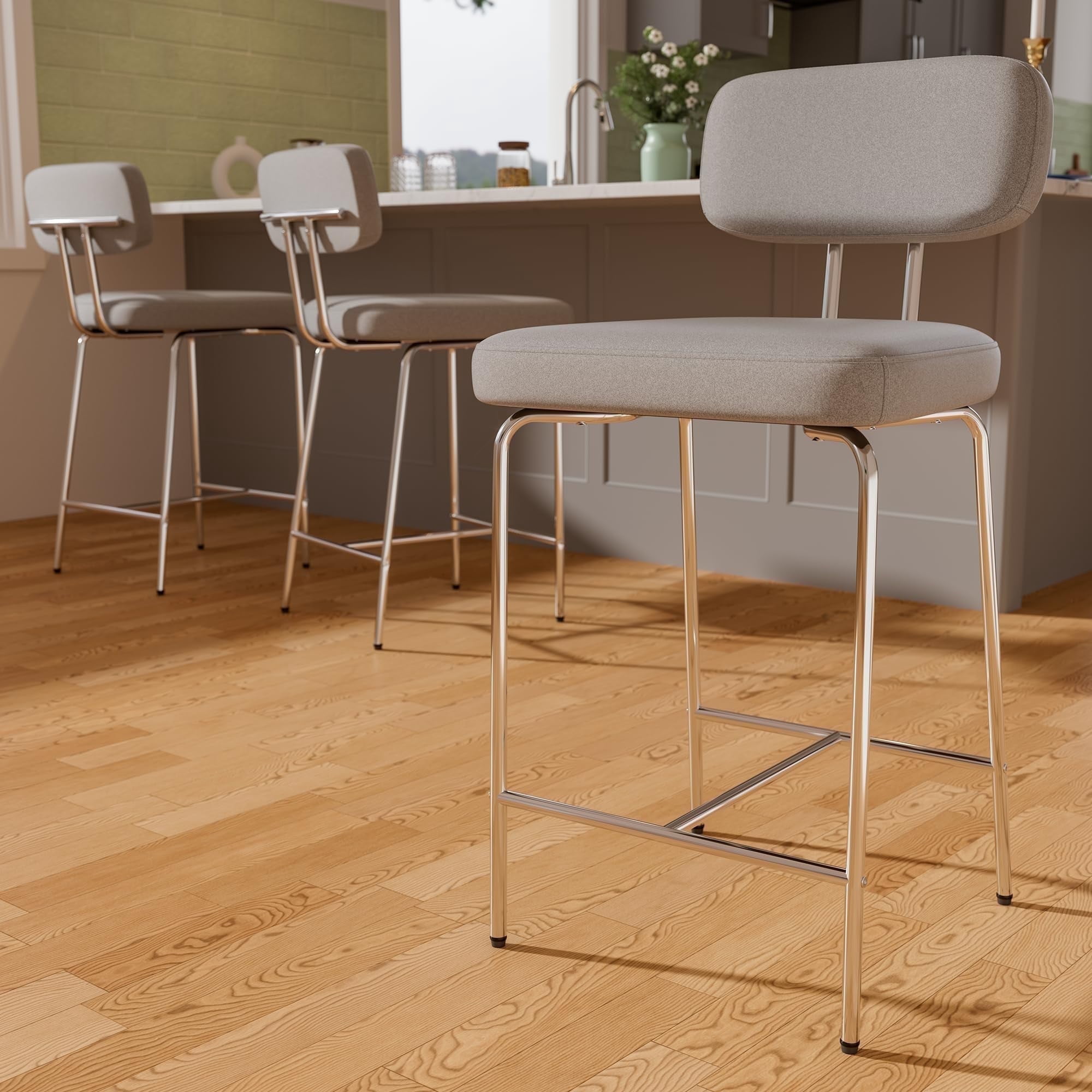 Genpo Counter Height Bar Stools Set of 3, 26" Gray Fabric Kitchen Counter Stools with Backs, Metal Legs, Footrest and Wide Seat, Bar Chairs for Kitchen Island