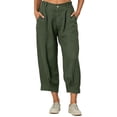 thumbnail image 3 of High-Waisted Cotton-Linen Balloon Pants for Women with Elastic Cuffs - Loose Fit Cropped Trousers for Women's Summer Casual & Vacation Wear Army Green L, 3 of 8