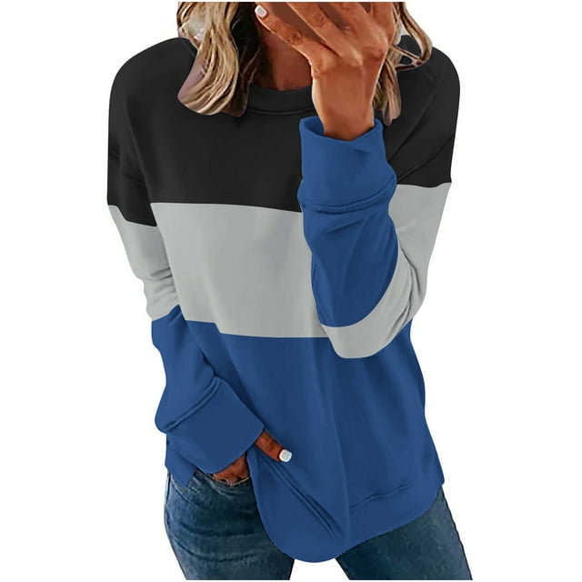 EQWLJWE Long Sleeve Shirts for Women Button Up Women Casual Patchwork Printed Round Neck Long Sleeve Pullover Blouse Sweatshirt Tops Fall Clothes for Women