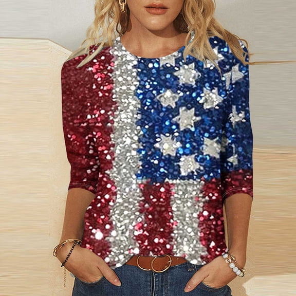 Cavosen 4th of July Clothes Women Patriotic 3/4 Sleeve Crew Neck Tops USA Star Striped Print T Shirts Lady XL Independence Day Casual Tops Funny 4th of July Tunic Tees 2025 Patriotic Clothes