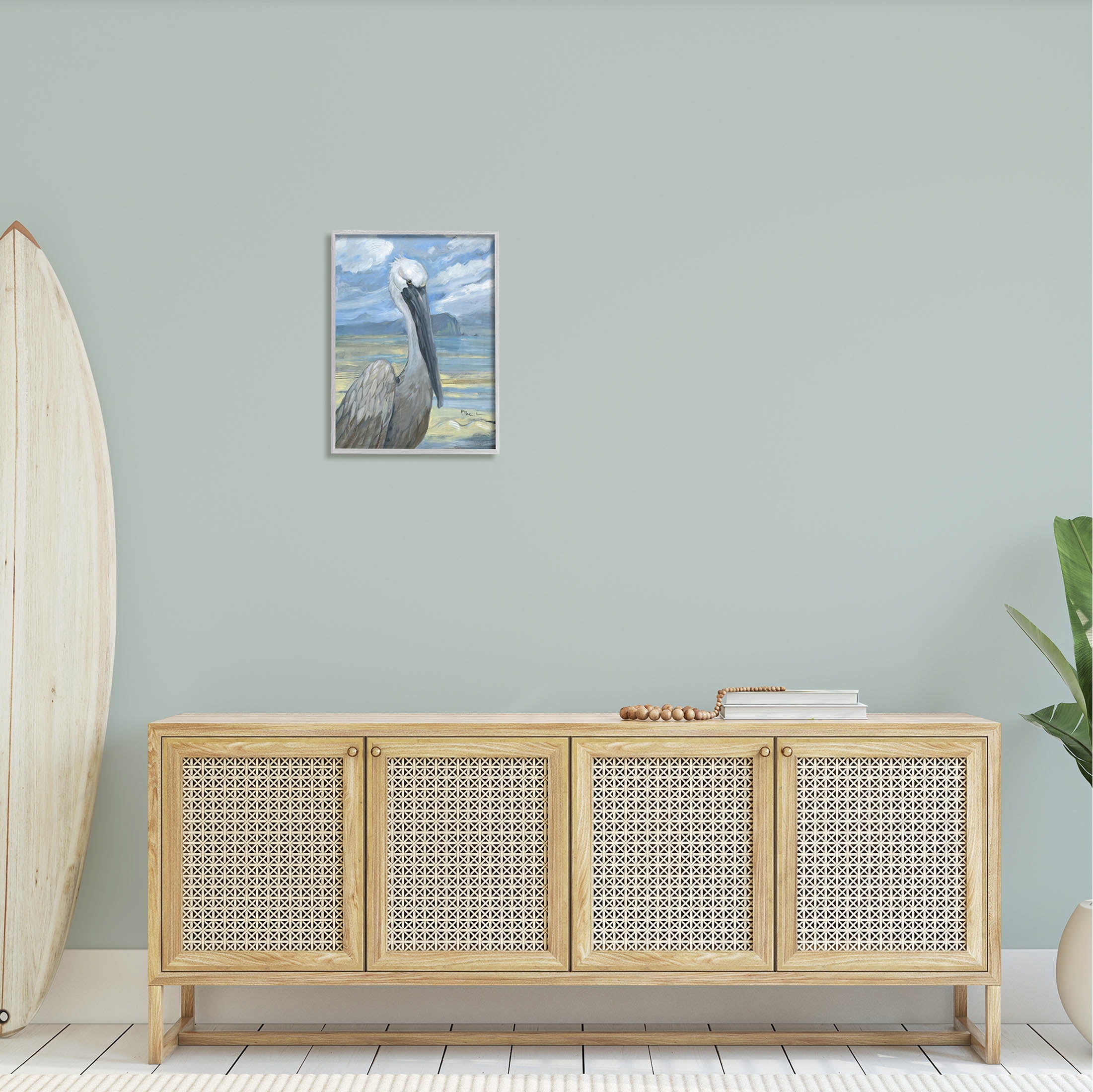Stupell Industries Salty Pelican Cloudy Coastal beach Painting Gray Framed Art Print Wall Art, Design by Paul Brent