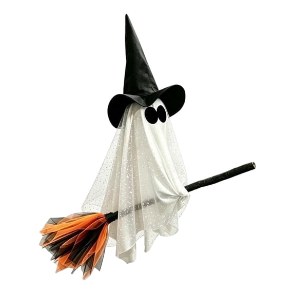Halloween Hanging Witch Decoration with Tulle Flying Broomstick Glowing LED for Indoor Outdoor Porch Party Display