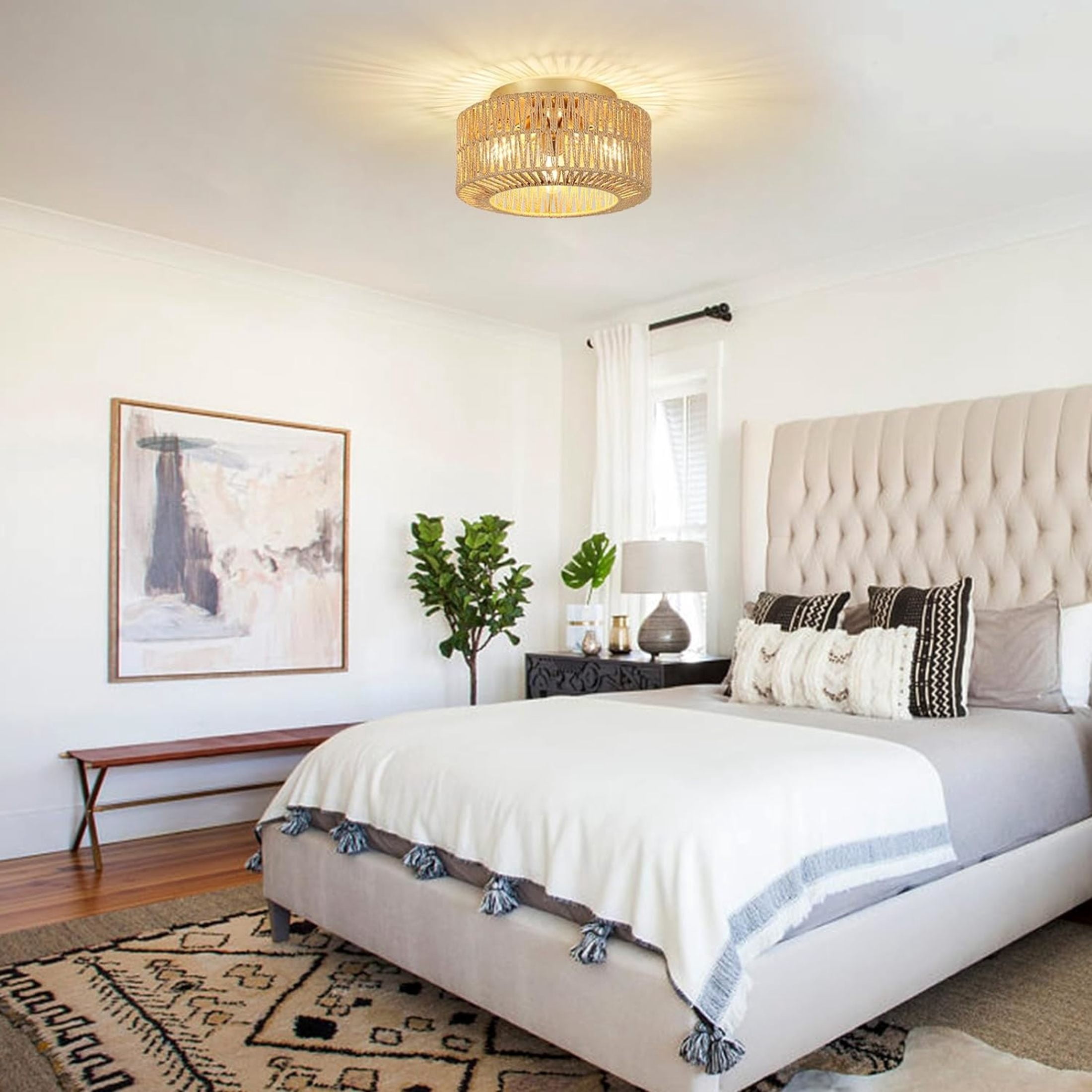 Noble House 12" Boho Rattan Flush Mount Ceiling Light, 3-Light Woven Fixture for Bedroom & Kitchen, Natural and Gold