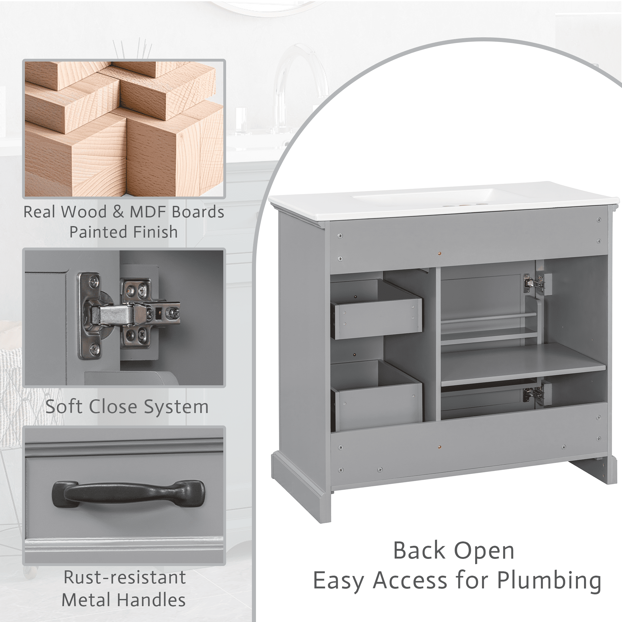 Euroco 36" Bathroom Vanity with Sink, Ceramic Sink, 2 Tip-out Drawers, Soft Close Door Hinges, Light Gray