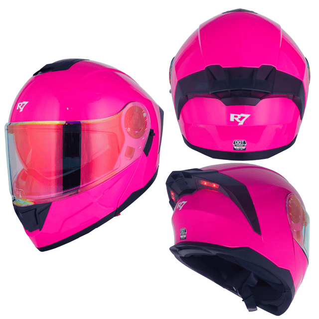 CASCO ABATIBLE R7 RACING ALFA CON LED DOBLE MICA . ROSA