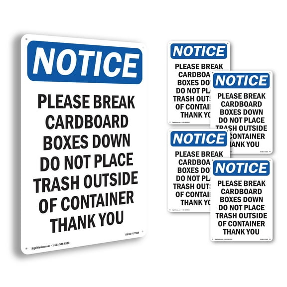 Please Break Cardboard Boxes Down OSHA Notice Aluminum Sign 18 Inch x 12 Inch - 5 Pack