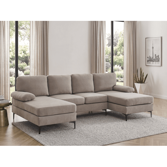 106" Cloud Sectional Sofa, U Shaped Sectional Couch with Double Chaise Lounge, Large 4 Seat Modular Sofa, Deep Seat Upholstered Fabric Couch with Pillow Top Arms, Modern Living Room Furniture, Khaki
