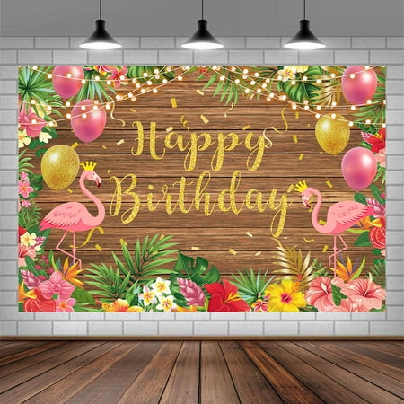 Image of Summer Hawaiian Beach Photography Backdrop Happy Birthday Background Backdrop Tropical Flower Palm Leaves Wooden Background Aloha Luau Decorations Photo Banner 9X6FT