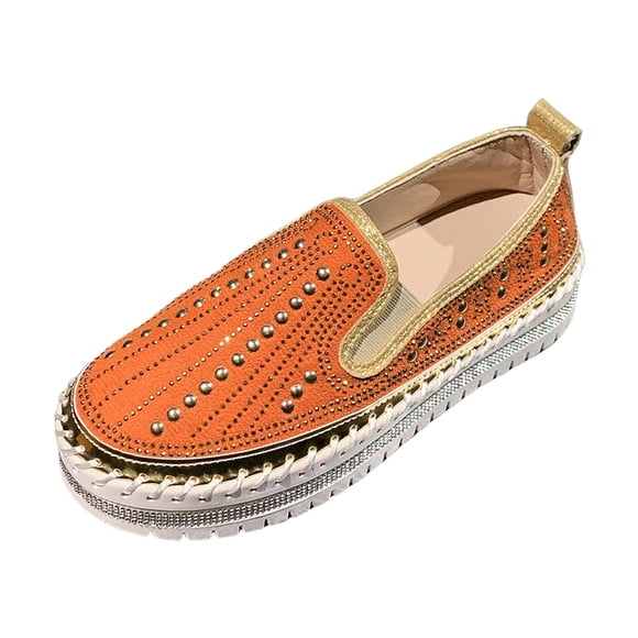 Women Sparkling Round Toe Slip on Casual Shoes Rhinestone Decor PU Upper Flat Heel Breathable Lightweight Walking Shoes for All Season Daily Wear