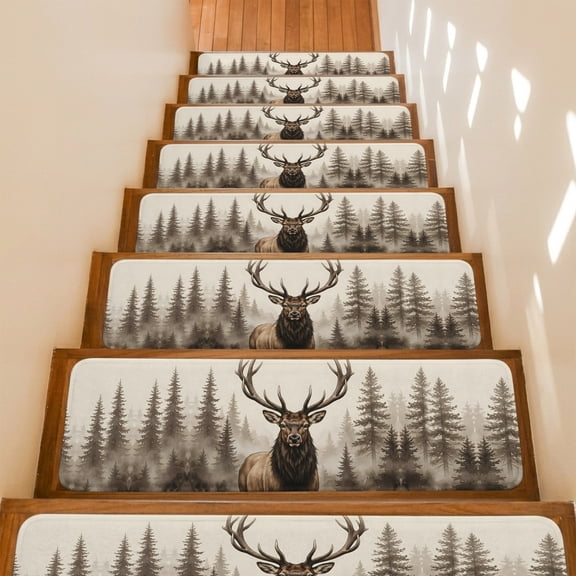 Majestic Elk Stair Treads Non Slip for Steps Brown Gray Wildlife Rustic Animals Pine Forest 7 Pcs Reusable Adhesive Stair Runner Mats for Dogs Elders Carpet Treads Rugs for Staircase 8x30 In