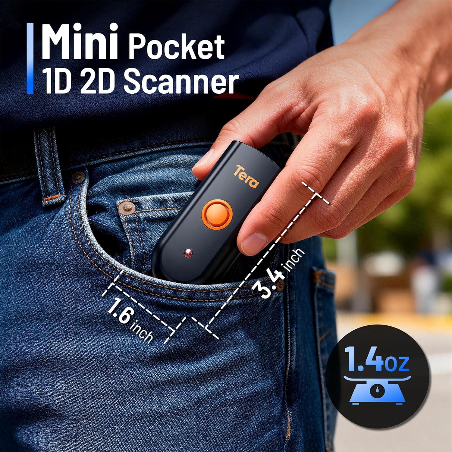 Mini 1D 2D QR Wireless Barcode , Waterproof Shockproof Pocket , 3-in-1 BT & USB Wired & 2.4G Bar Code Reader Portable Image Work with iOS, Windows, Android 1100D