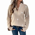thumbnail image 3 of Cute Heart Print Sweater for Women V Neck Sweater Pullovers with Lace Trim Knit Jumper Khaki M, 3 of 9