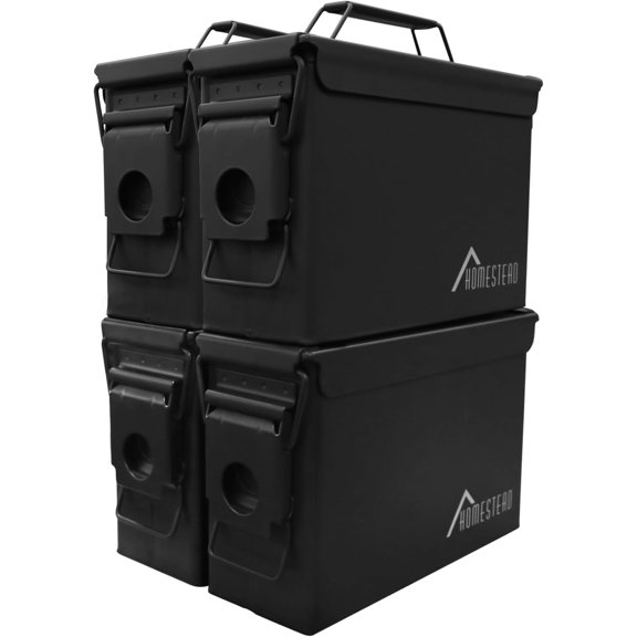 HOMESTEAD 30 Cal Metal Ammo Cans – 4 Pack M19A1 Military Steel Storage Boxes, Airtight & Water-Resistant Containers for Ammunition or Tools, Black Color