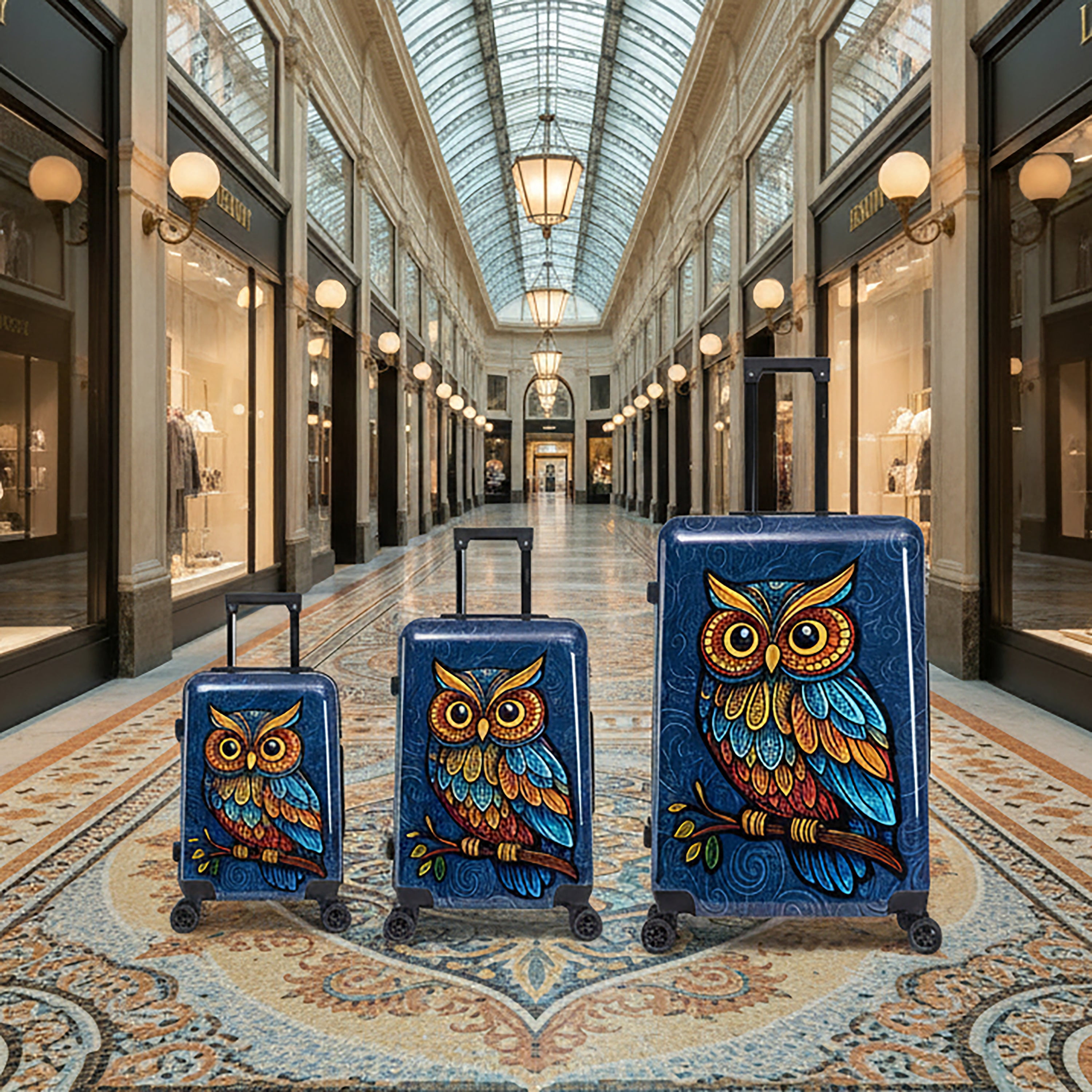 InUSA Owl Print 3 Piece Hardside Spinner Luggage Set 20/24/28in. TSA Lock