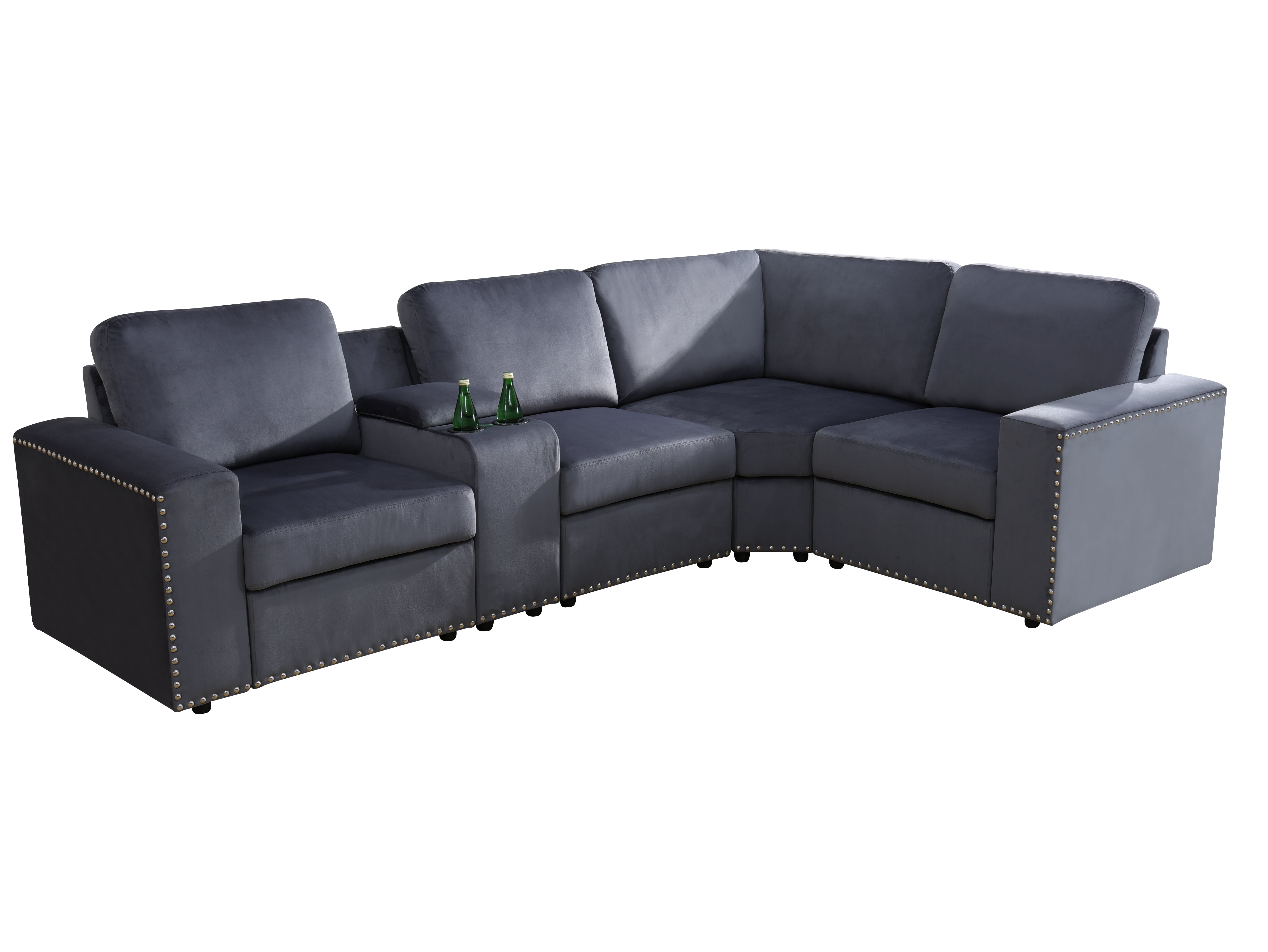 Gewnee 4-Seater Dark Grey Modular Sofa with Microfiber Fabric, Solid Wood Frame, Double Springs, Storage and Cup Holder for Living Room