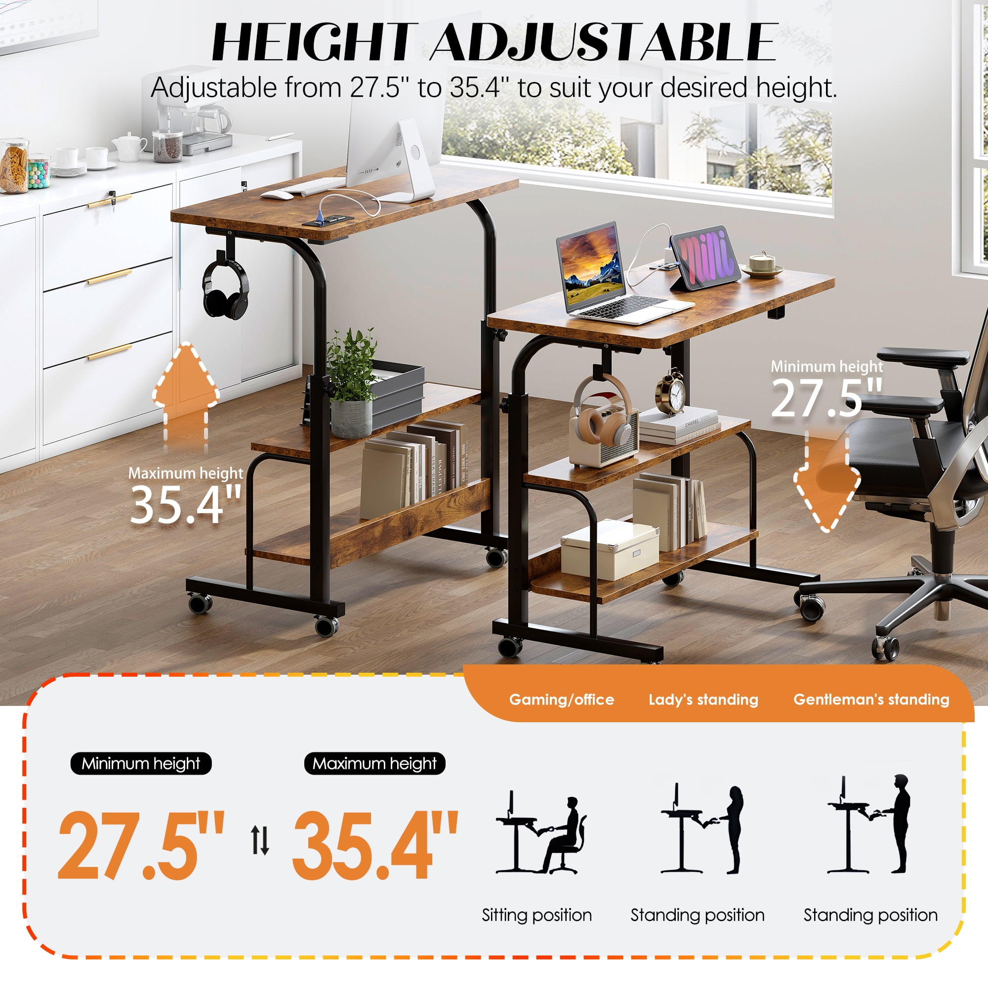 Soges 31.5" Height Adjustable Computer Desk with Charging Station, Adjustable Side Table Movable Laptop Desk with 2 Storage Shelves, Adjustable Desk on Wheels for Home Office, Sofa, Bed, Rustic Brown