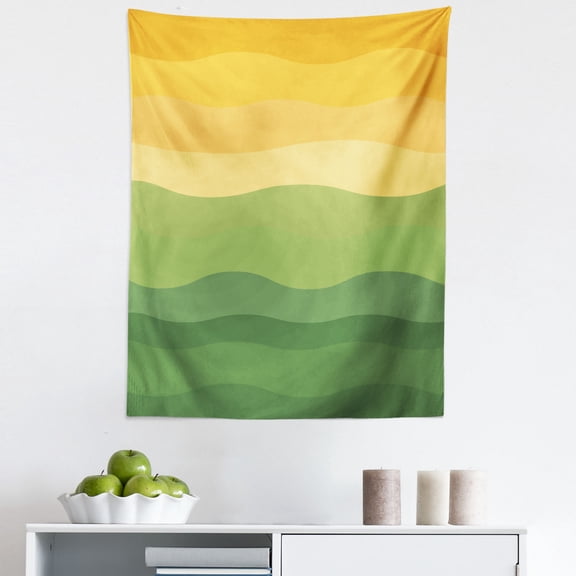 Abstract Tapestry, Green and Yellow Colored Wavy Lines Curves Earth Inspired, Fabric Wall Hanging Decor for Bedroom Living Room Dorm, 5 Sizes, Reseda Green Mustard, by Ambesonne