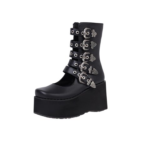 

EQWLJWE 2022 Booties for Womens Chunky Platform Boots High Heel Round-Toe Zip Punk Goth Mid Calf Boots For Women Belt Buckle Shoes Deals Discount Clearance