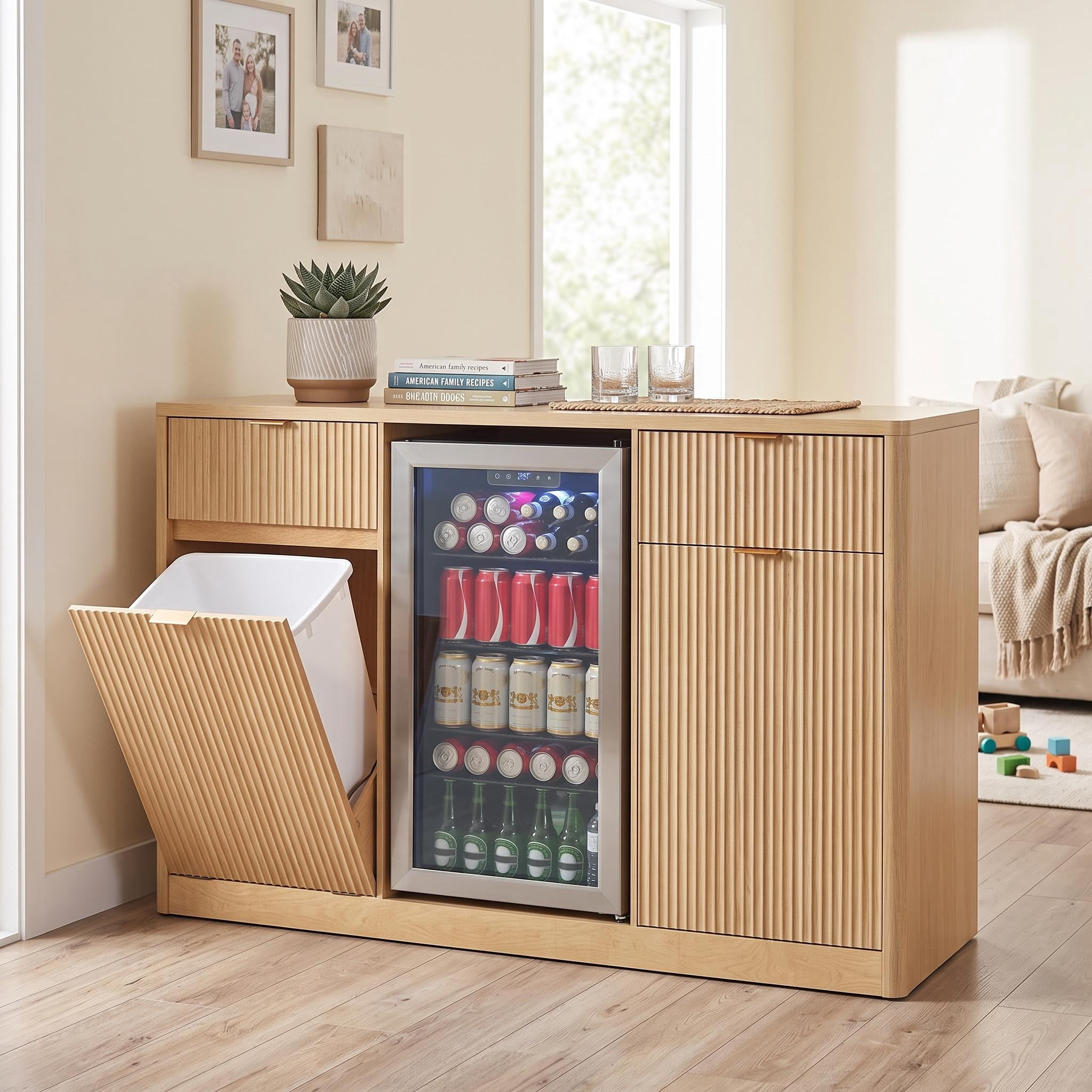 Homy Casa 59-Inch Fluted Kitchen Island with Fridge Space, Trash Cabinet and Power Outlet, Natural Oak