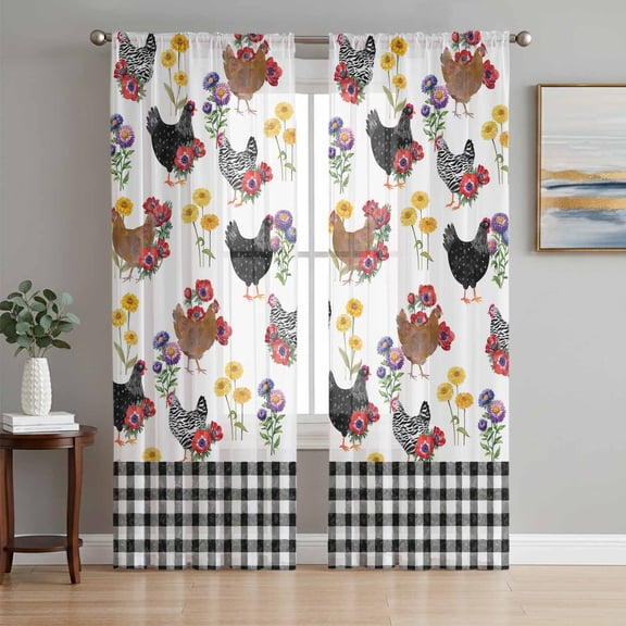 Farmhouse Rooster Sheer Curtains 96 Inch Length 2 Panels Set Window Treatments, Country Watercolor Flowers Black Plaid Rod Pocket Semi Curtains for Living Room/Bedroom/Kitchen Décor, 104"W x 96"L