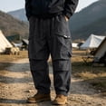 thumbnail image 2 of Mens Cotton Cargo Pants Baggy Vintage Drawstring Waist Multi Pocket Outdoor Hiking Trousers Gray L, 2 of 7