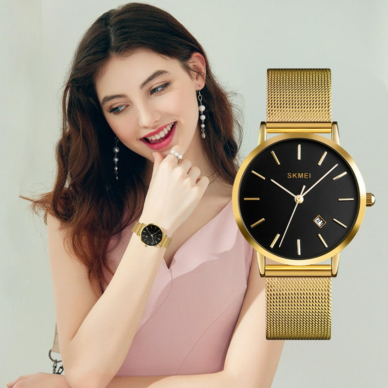 SKMEI Women Watch Fashion Waterproof Quartz Analog Watch with Time Date Business Dress Wrist Watches for Women with Stainless Steel Mesh Band