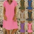 thumbnail image 6 of YanHoo Plus Size Casual Dresses for Women Linen Short Sleeve V Neck Midi Dress 2024 Summer Loose Beach Dress for Vacation Summer Dresses under 10, 6 of 6