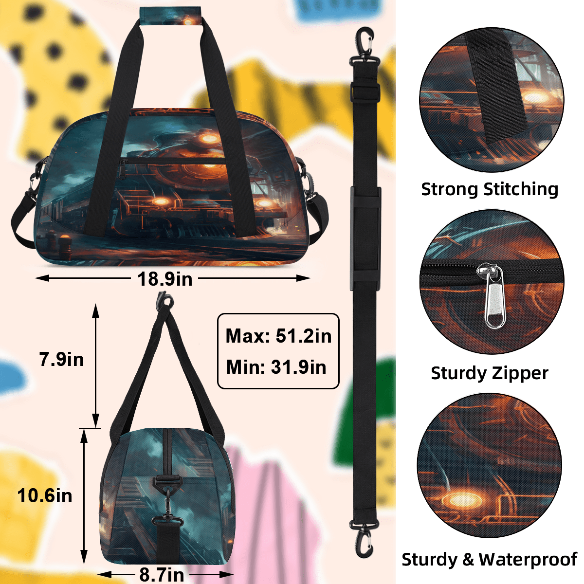 Herdesigns Steam Train Sports Duffle Bag for Women & Men, Vintage Train Gym Bag Dance Bag Overnight Bag Carry On Weekender Travel Bag