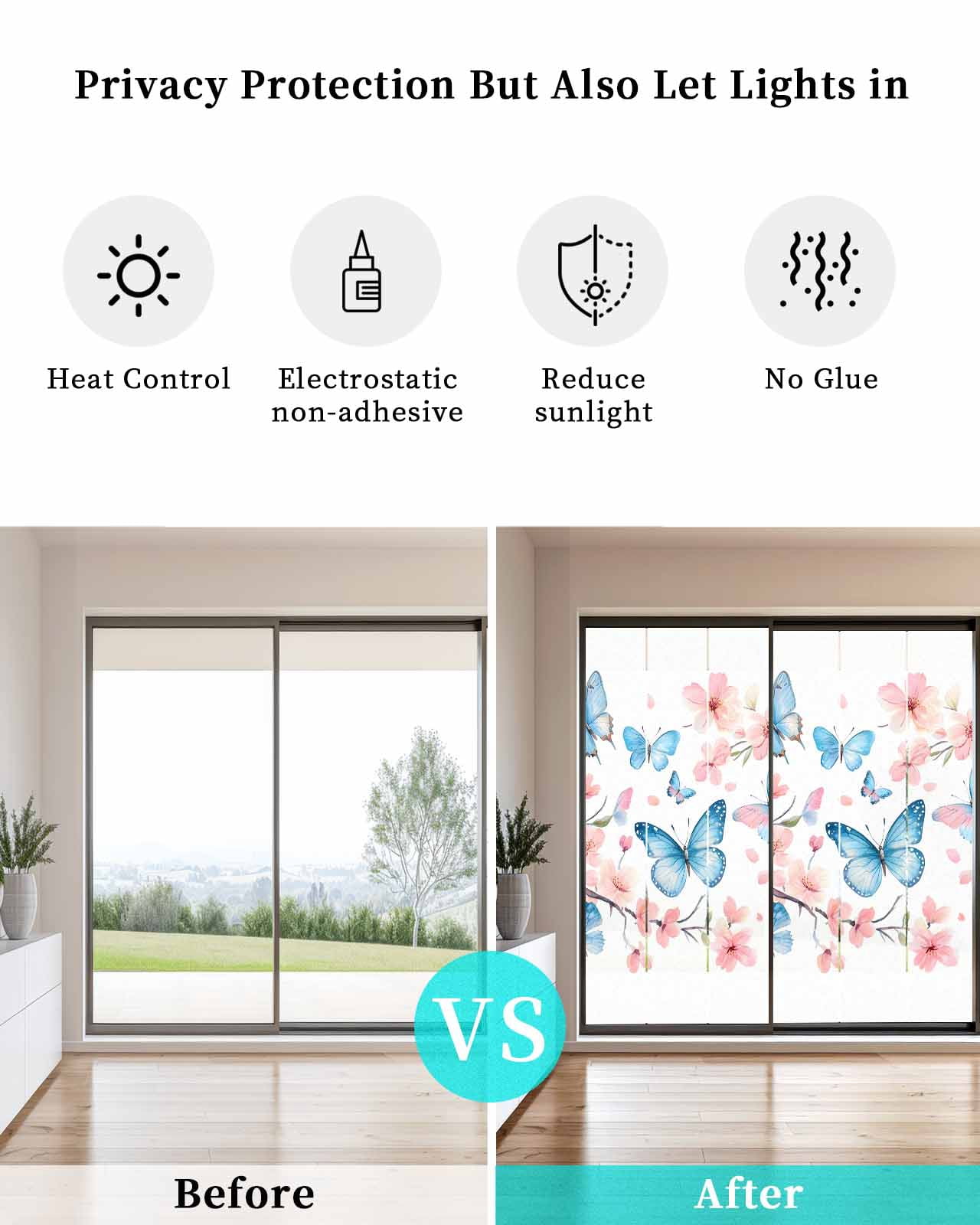 Window Privacy Film Blue Butterfly Stained Glass Window Film Decorative Sun Block Window Cover Watercolor Spring Natural Flowers Window Clings Static Adhesive Sticker for Bathroom 23.6"x59"