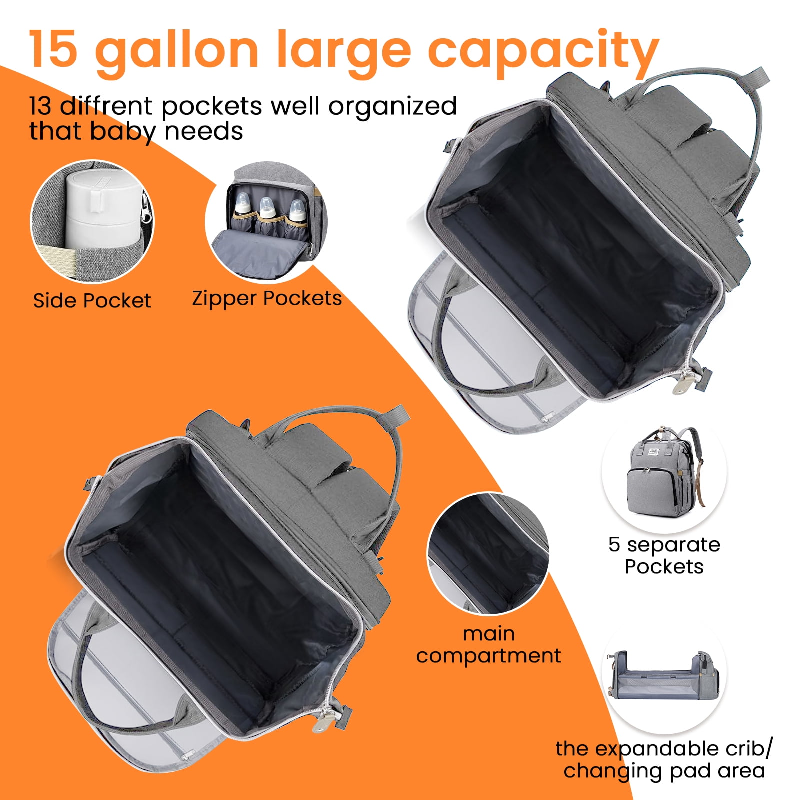 Diaper Bag Backpack with Changing Station, Baby Diaper Bag Backpack with Portable Crib, Large Capacity Diaper Backpack with Insulated Bottle Pockets & Stroller Straps for Mom Dad, Gray