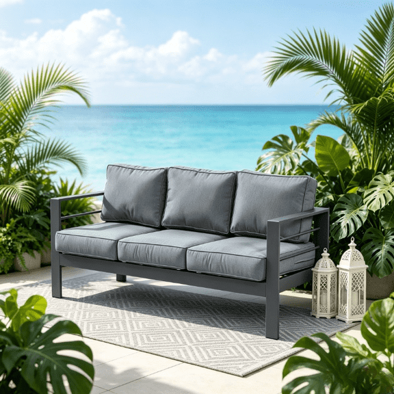 Superjoe Outdoor Patio 3-Seat Aluminum Sofa Couch Furniture with Dark Grey Cushions, Grey