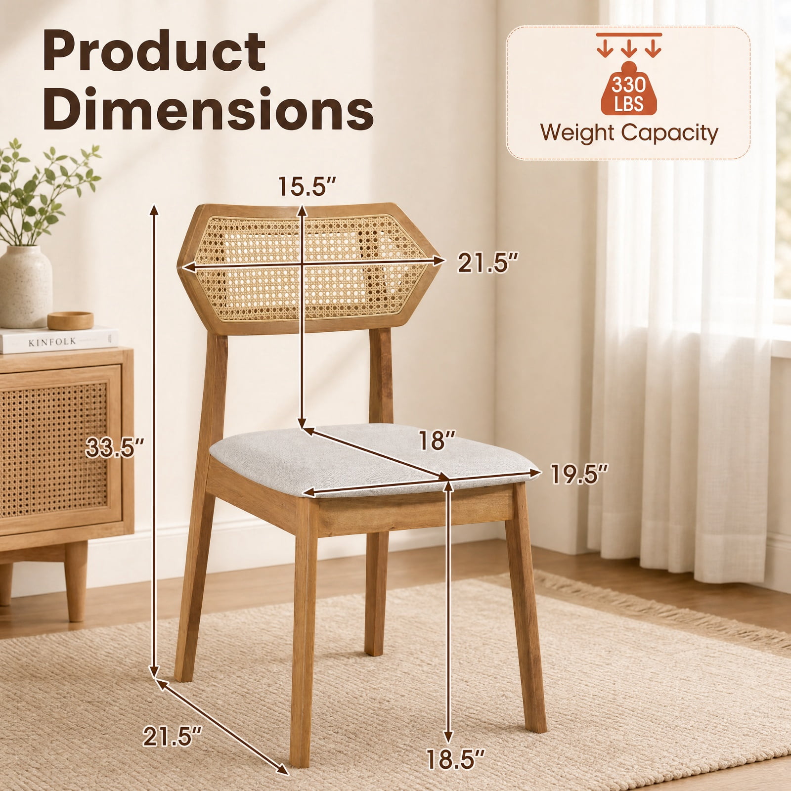 Furnibear Mid Century Rattan Dining Chairs Set of 2 with Woven Back and Solid Wood Frame for Kitchen and Dining Room Seating, Natural