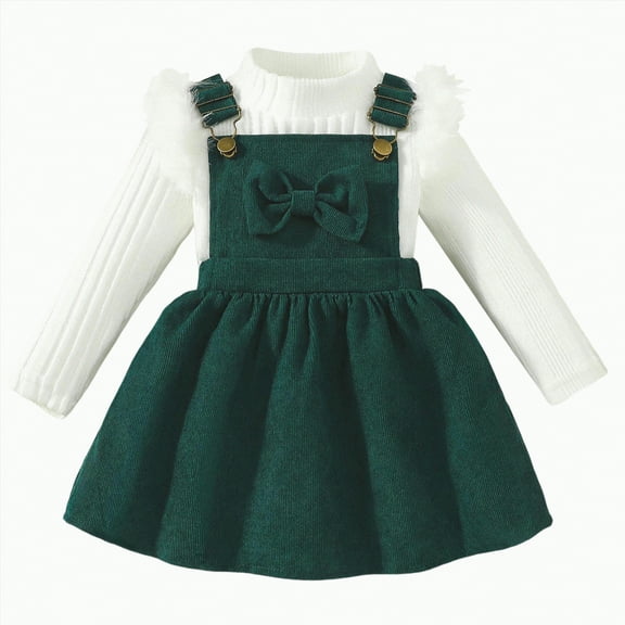 UAYOTSE Toddler Girl Christmas Outfits Plaid Dress Solid Shirt Suspender Skirt Kids Girls Overall Dress Set,Sizes 2-3 Years
