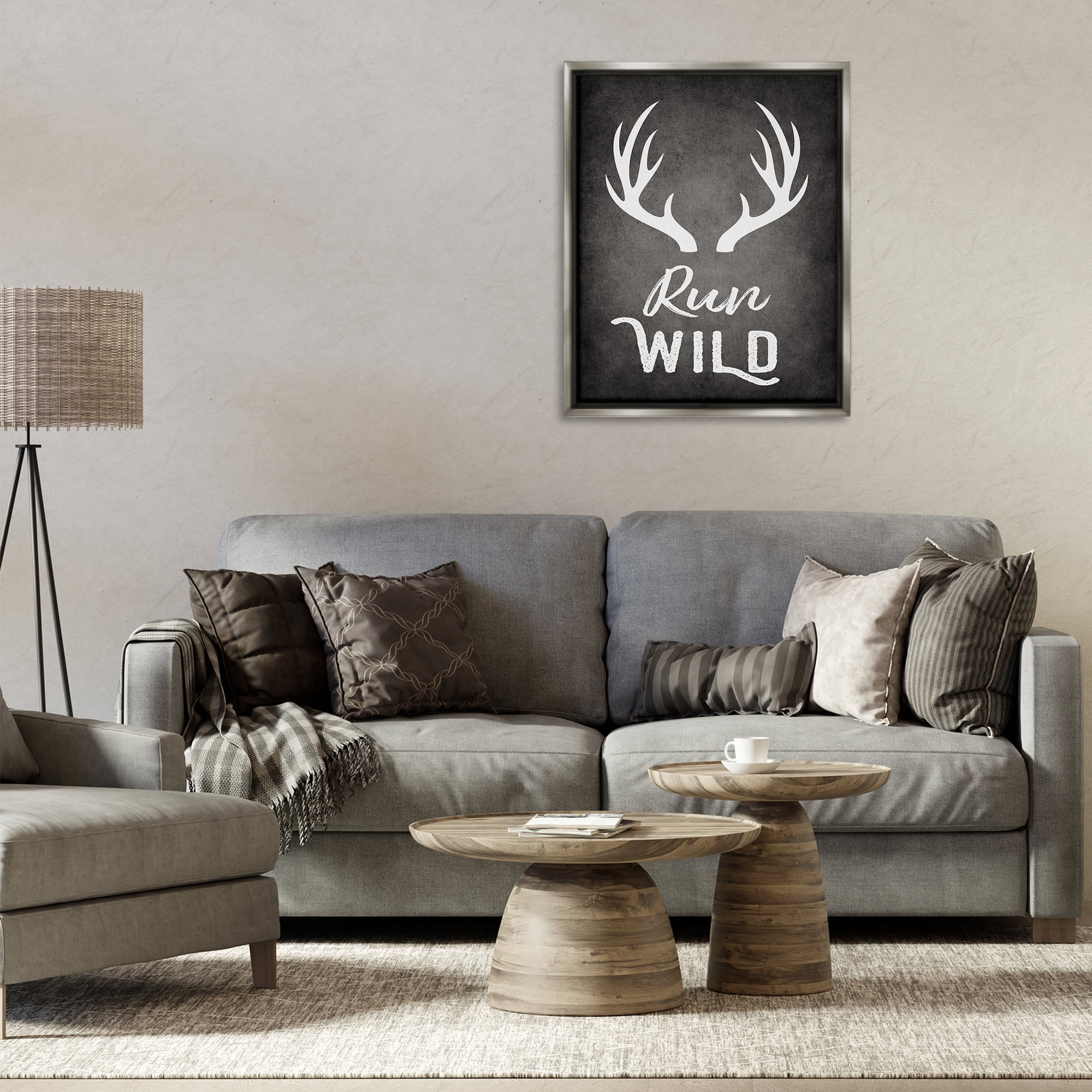 Stupell Industries Run Wild Antlers Typography Painting Gray Floater Framed Canvas Art Print Wall Art, 25 x 31