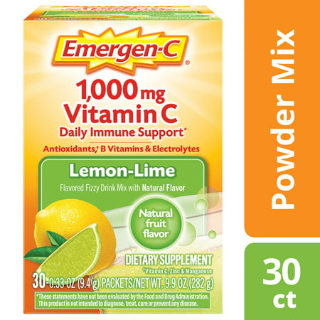 Emergen-C (30 Count, Lemon-Lime Flavor) Dietary Supplement Fizzy Drink Mix with 1000 mg Vitamin C, 0.33 Ounce Packets, Caffeine