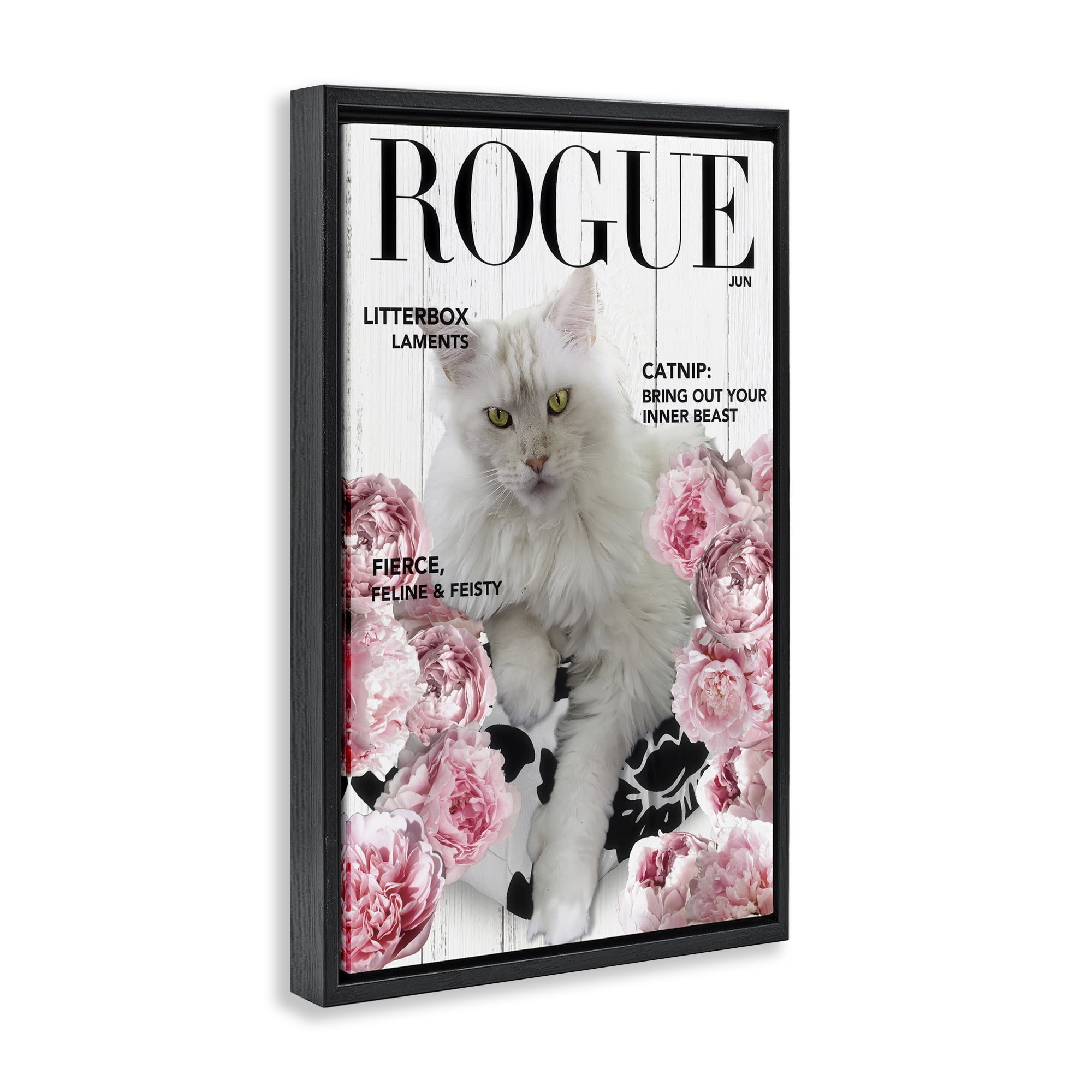 Funny Floral Cat Magazine Black Framed Floater Canvas Wall Art, design by Sasha