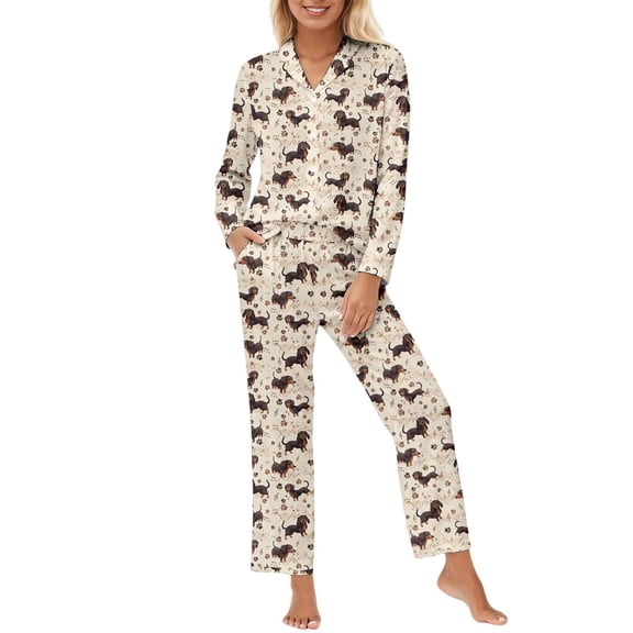 BOOMNY Womens Pajama Sets 2 Peice Pjs Set for Women Dachshund Graphic Long Sleeve Buttons Sleepwear Tops Pants Homewear Loungewear Sets