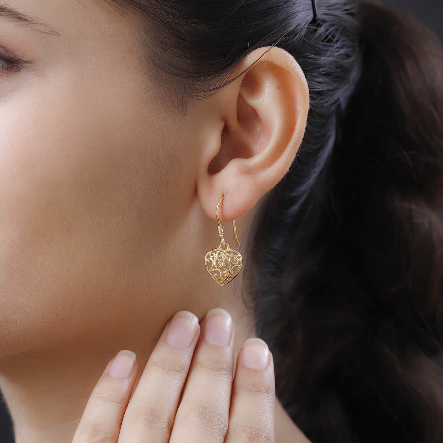 Filigree Heart Dangle Earrings - 14K Yellow Gold Plated 925 Sterling Silver Open Heart Drop Earrings - Openwork Dangling Earring Jewelry Birthday Christmas Gifts for Women
