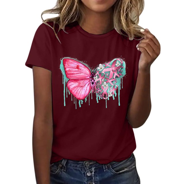 Gibobby Blusa Casual de Mujer Camiseta manga corta con estampado y cinta concientización sobre el cáncer mama para mujer(Vino,G)