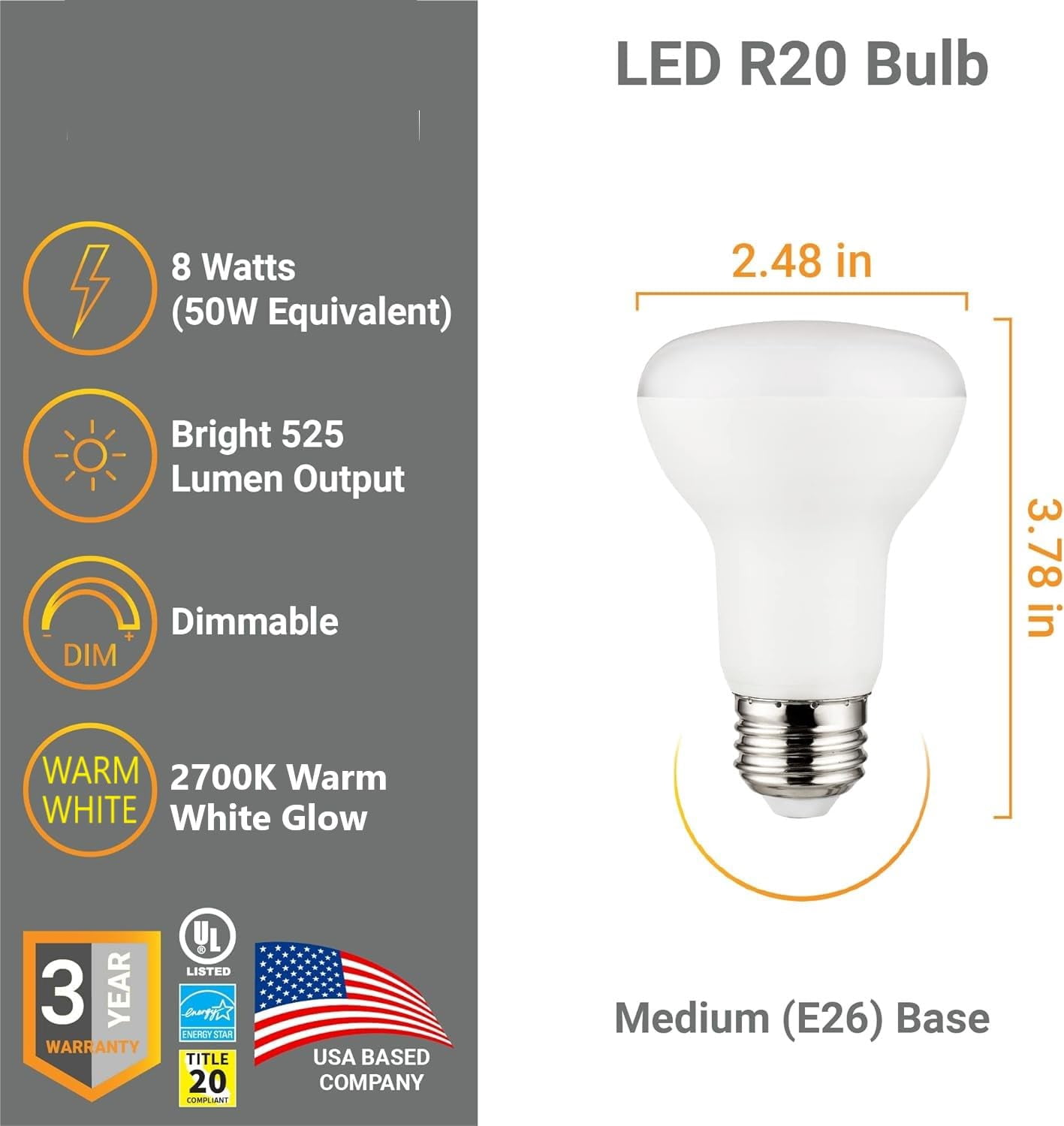 Diodesy- Pack of 6 R20/LED/8W/CRI90/27K LED R20 Reflector Light Bulb, 8 Watts (50W Equivalent), Dimmable, 2700K Warm White, Medium E26 Base, 525 Lumens, Flood Light for Recessed Can Use, UL Listed
