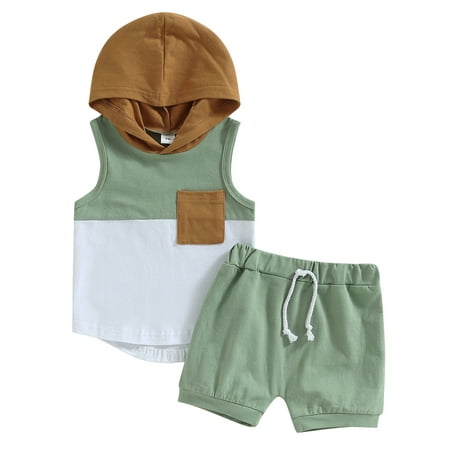 

Musuos 2Pcs Baby Boys Contrast Color Hooded Sleeveless Pocket Tank Tops Elastic Shorts