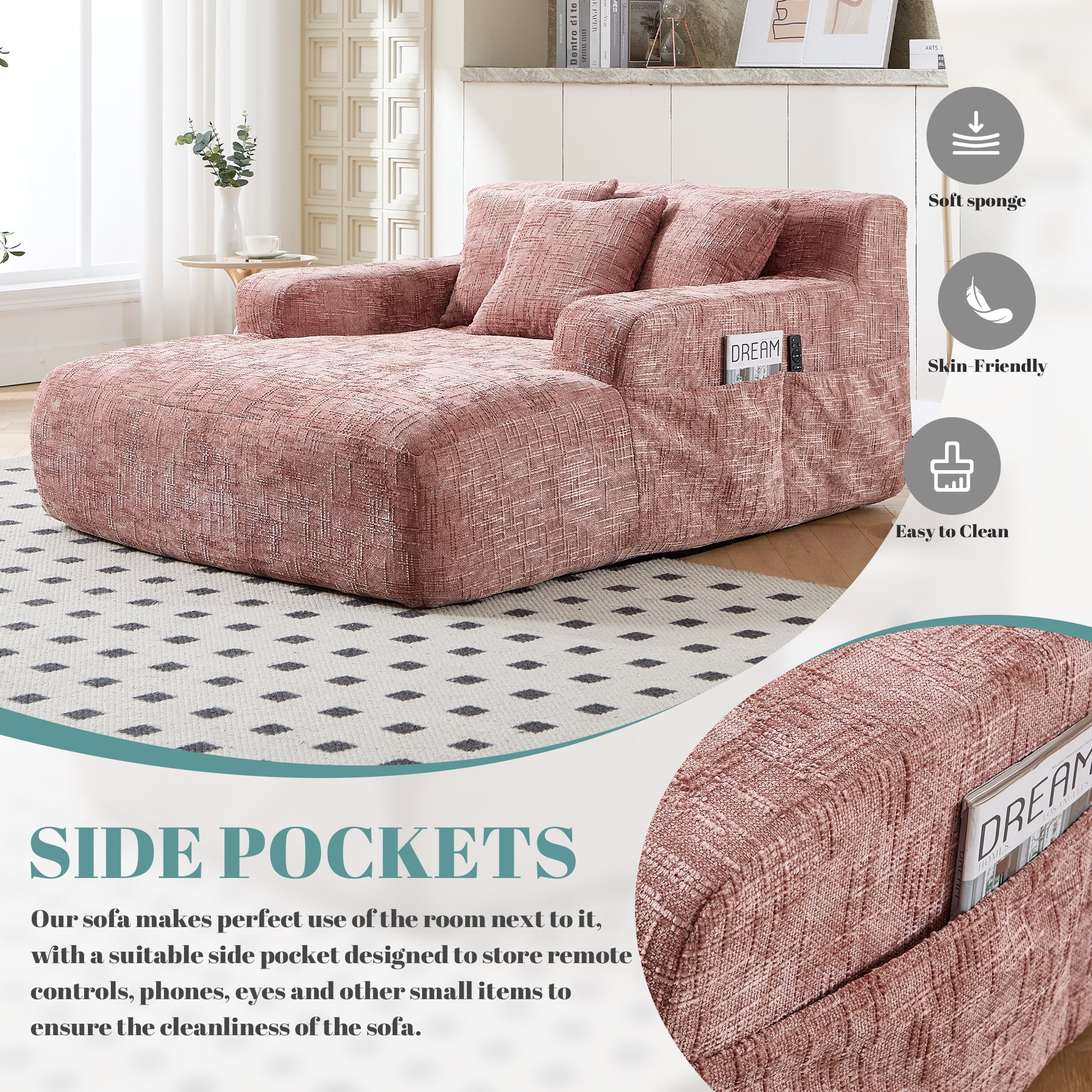 MOONMISS Chenille Upholstered Deep Seat Bean Bag Lazy Sleeping Sofa Chair with Three Pillows and Side Pocket-Pink