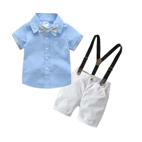 Odeerbi 2024 Boys Gentlemen's Clothing Summer Short Sleeve Top Bib Shorts Tie Four-piece Set