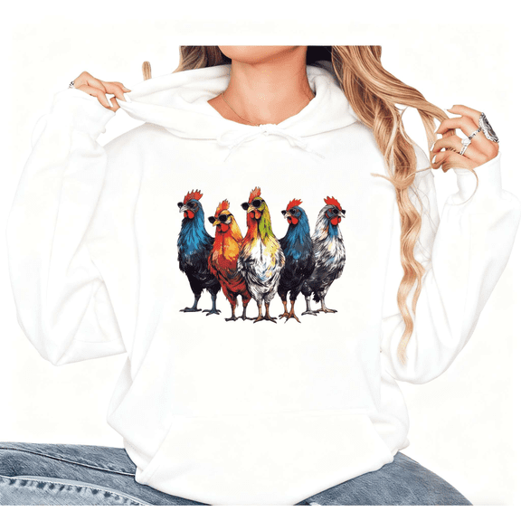 Women's Rainbow Chickens Graphic Comfortable Hoodie Top Hooded long-sleeved Breathable White S-2XL